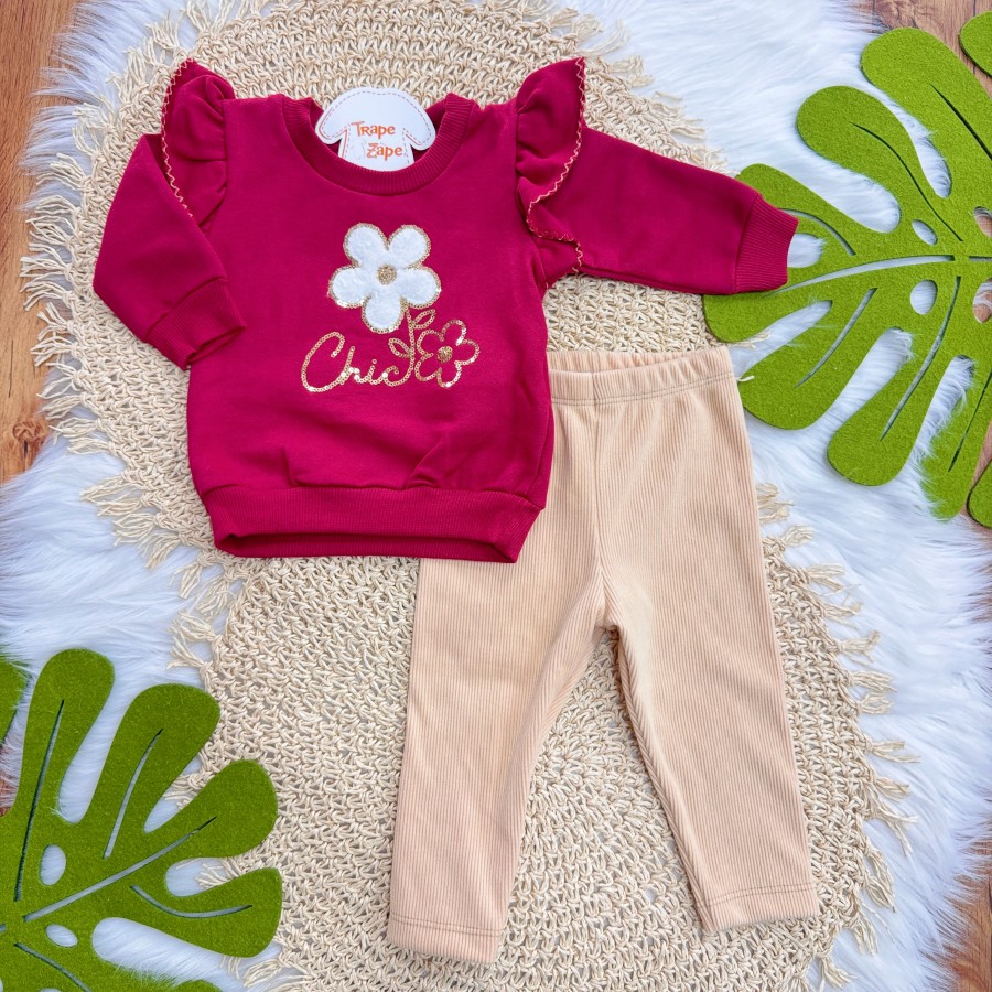 Conj. Casaco de Moletom Chic Flor e Calça Ribana em Plush - Bordo e Areia